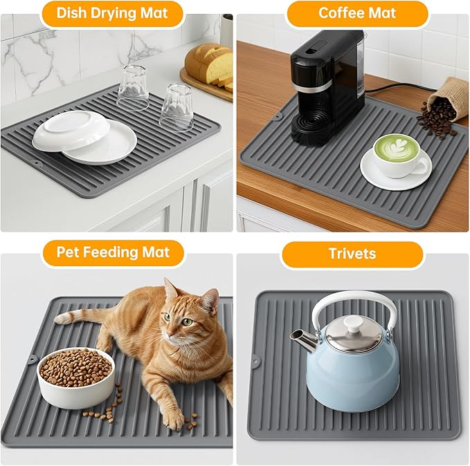Songrey 14" x 10" Silicone Dish Drying Mat, Kitchen Counter Drying Pad for Sink Dishes or Under Rack, Multi-Use as Heat Resistant Trivet, Coffee Bar Mat