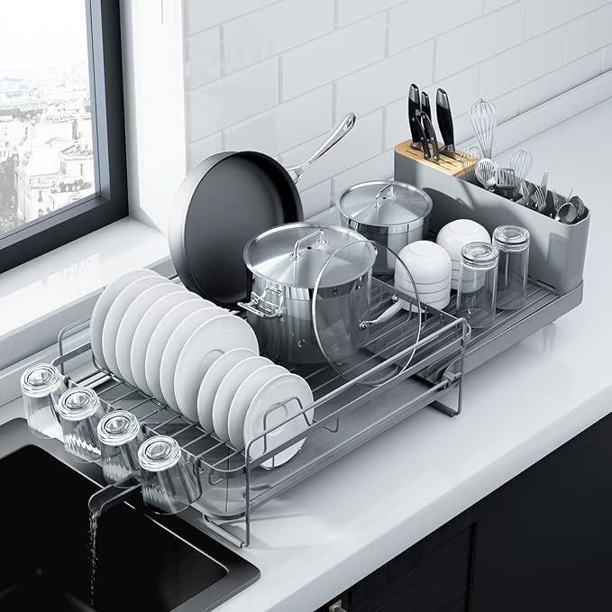 Kitsure Large Dish Drying Rack - Extendable Dish Rack, Multifunctional Dish Rack for Kitchen Counter, Anti-Rust Dish Drainers with Cutlery & Cup Holders 19.2"-26.7" L x 12.9" W, Grey