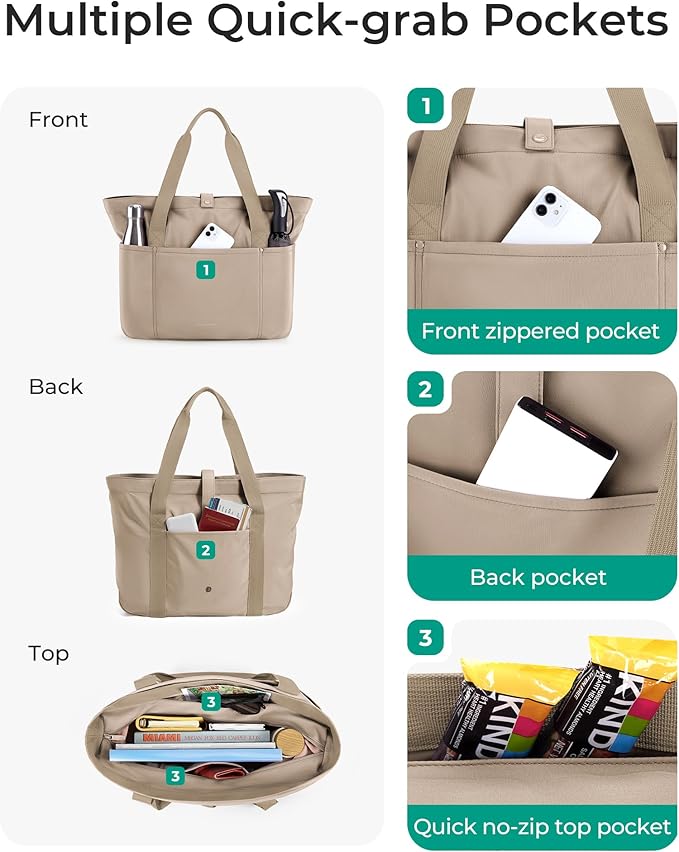 BAGSMART Tote Bag for Women, Foldable Tote Bag With Zipper Travel Large Shoulder Bag Handbag for Work-16.5''L x 6''W x 14''H