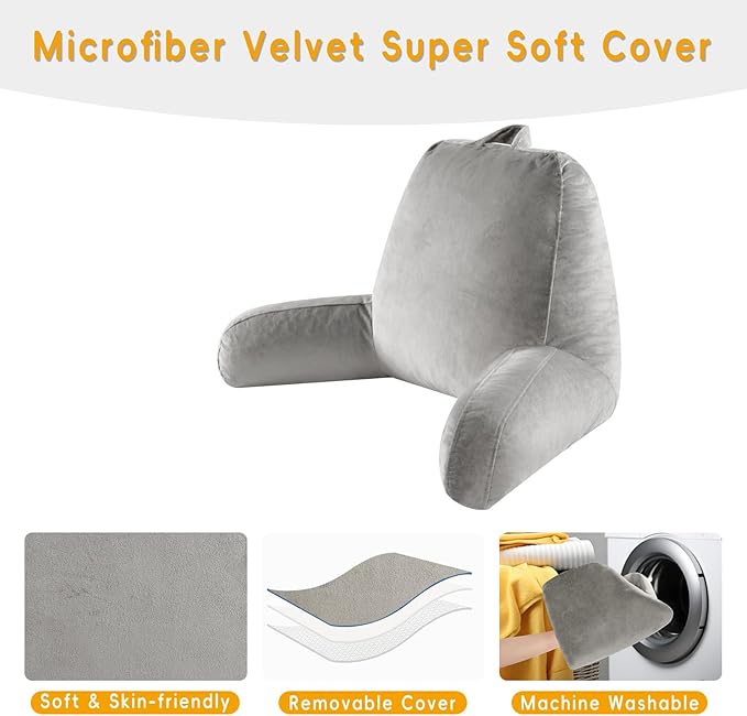 Reading Pillow for Sitting in Bed Adult, Reading Pillow with Shredded Memory Foam, Bed Pillow with Washable Cover, Back Pillow Sitting Up with Extend Arms, Light Gery, X-Large