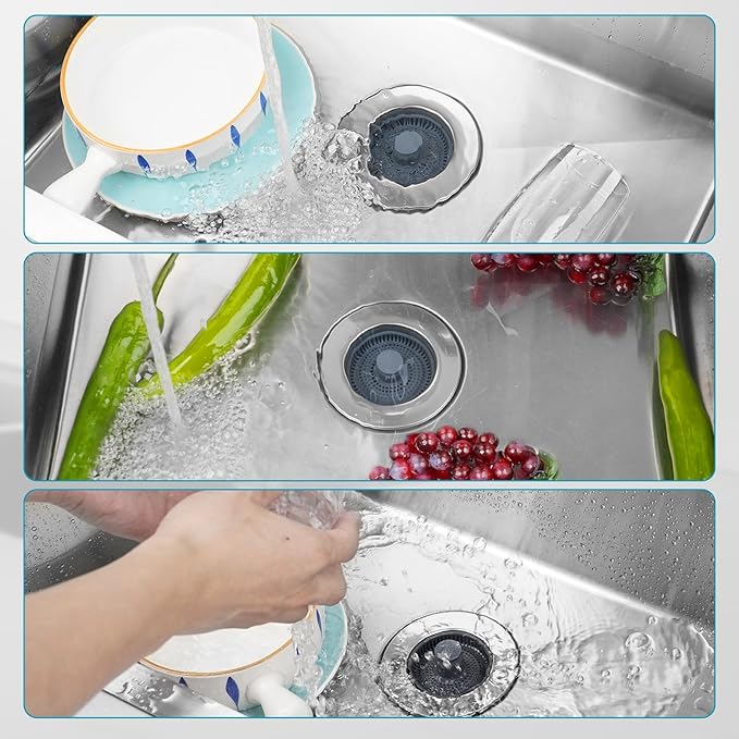 Hibbent 3 in 1 Kitchen Sink Drain Strainer, Stainless Steel Wrapped Shell Drain Stopper Combo, Pop Up Sink Stopper, Anti-Clogging Basket Strainer with Handle for US Standard 3-1/2" Drain