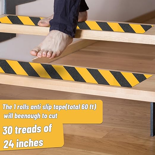 Non Slip Safety Grip Tape for Stairs Steps 2 in x 60Ft Non Skid Tread High Traction Friction, Black Yellow Strong Grip Abrasive Adhesive Hazard Caution Tape