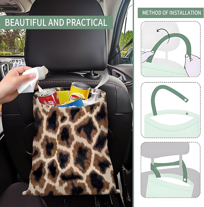 Cute Car Trash Can, Hanging Canvas Car Back Seat Organizer and Storage Bag, Funny Car Trash Bag for Travelling, Outdoor Cute Black Brown Leopard