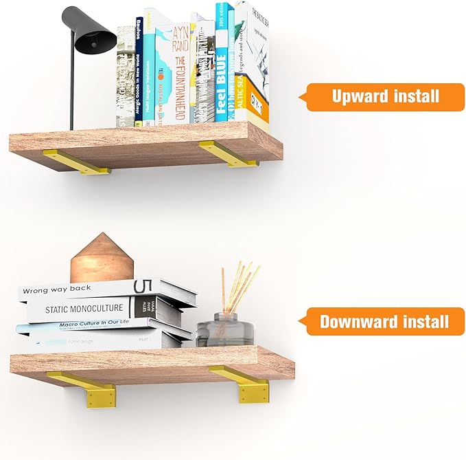 Floating Shelf Brackets 8 inch 6 Pack L Brackets for Shelves Gold Metal Heavy Duty Shelf Bracket for DIY Decorative with Mounting Hardware