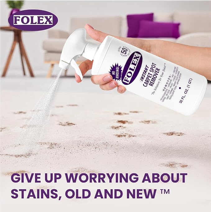 FOLEX Instant Carpet Spot Remover 32 oz – Powerful Stain Remover for Carpets, Upholstery & Rugs – Eliminates Pet Stains, Grease, Red Wine, Food, Makeup & More – With Reusable Cleaning Cloth - 4 Pack