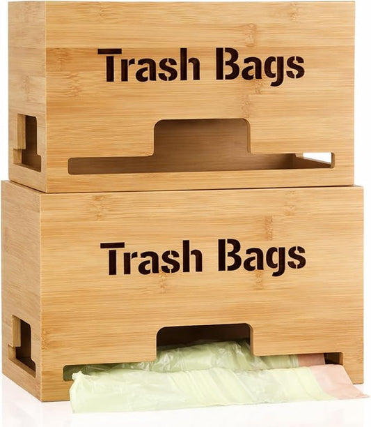 Kathfly 2 Pcs Bamboo Trash Bag Holder Dispenser Stackable Garbage Bag Dispenser, Large and Small Size Trash Organizer for Farmhouse Kitchen Laundry Under Sink, Wall Mounted or Freestanding