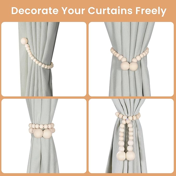 KLOGTSIND Magnetic Curtain Tiebacks, Curtain Holdbacks for Curtains 2 Pack, Wood Bead Curtain Holders for Boho Bedroom Decor, Baby Nursery Decor, Farmhouse Decor