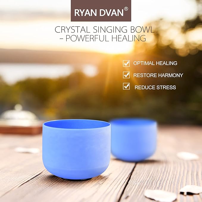 RYAN DVAN 8” G Note Blue Frosted Throat Chakra Crystal Singing Bowl with Free Heavy-Duty Carrying Case and Suede Striker O-Ring