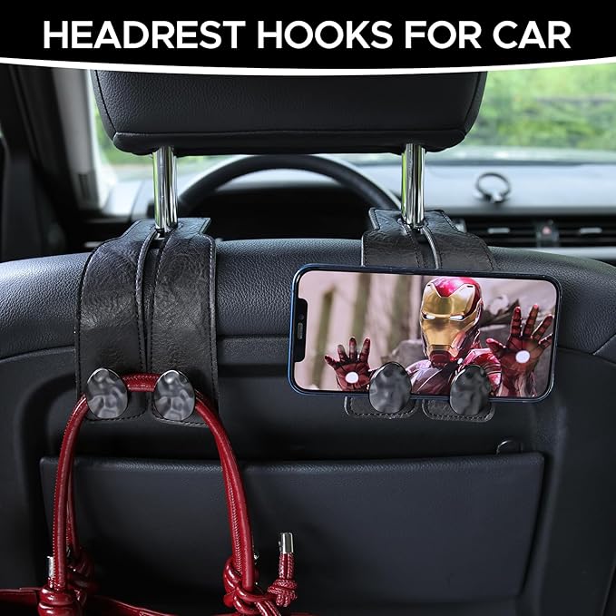 URIZZD 4 PCS Leather Car Seat Hooks for Headrest, Vehicle Hanger Storage Organizer Universal for Handbag Purse, Car Accessories Gift (Black-Black-4 PCS)