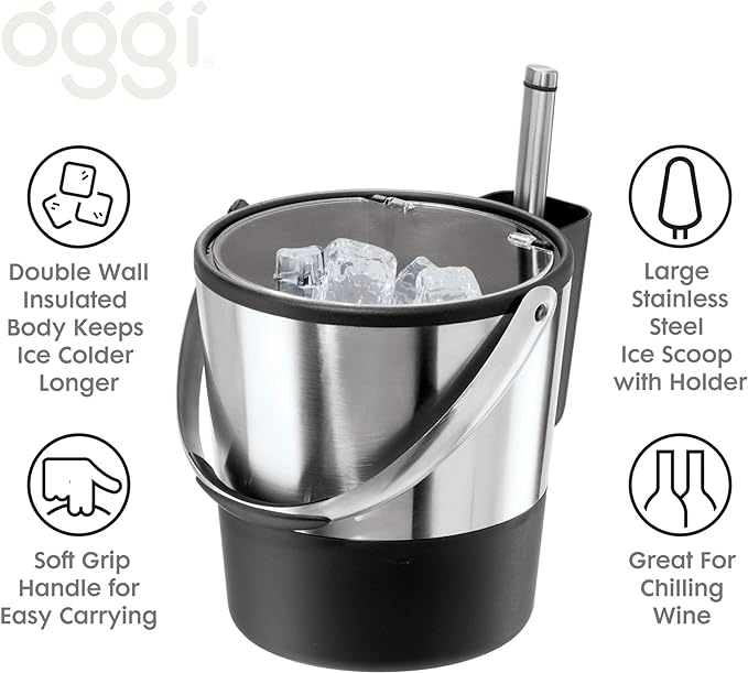 Oggi Insulated Ice Bucket, 4 Quart / 3.8 L, Stainless Steel, Black.