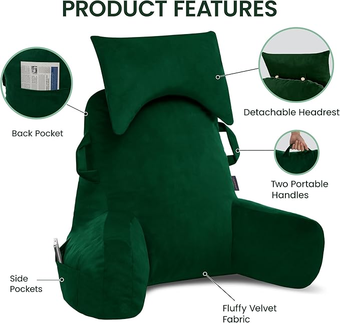 Portable Reading Pillows with Headrest for Bed Sitting Up(Dark Green Oeko-Tex), Velvet Back Pillow with Arms & Pockets for Adults, Support Memory Foam Bed Pillow for Dorm/Watching/Gaming