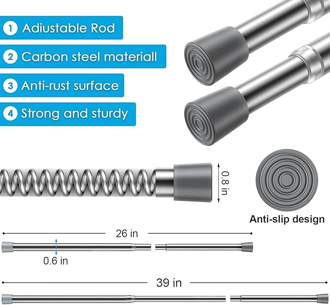 2Pack Tension Curtain Rod 26-39 inch Spring Tension Rod Silver Adjustable Spring Rod Extendable Tension Rod for Kitchen, Bathroom, Window, Bookshelf, Closet