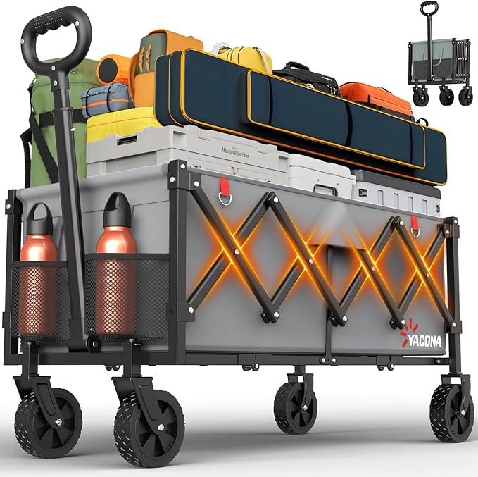 35" L Extra Long Wagons Carts Foldable, 360LBS Heavy Duty Collapsible Wagon with Wheels, Folding Wagon Portable Utility Cart for Groceries, Shopping, Camping, Sports