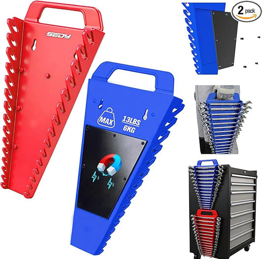 2-Pack Magnetic Wrench Organizer with Non-Slip Handle, 24-Slot Heavy-Duty Wrench Rack Holders for Toolbox & Drawer Storage, Fits SAE 1/4"-1-1/16" and Metric 6mm-24mm Wrenches