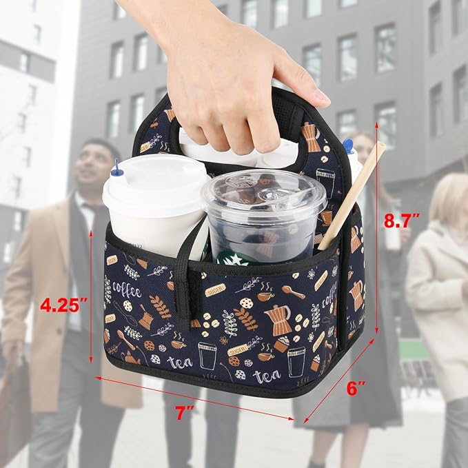 Beautyflier Reusable Insulated Coffee Cup Carrier, Portable Drink Holder with Handle Organizer Tote Bag for Hot & Cold Drinks (Coffee Utensils)