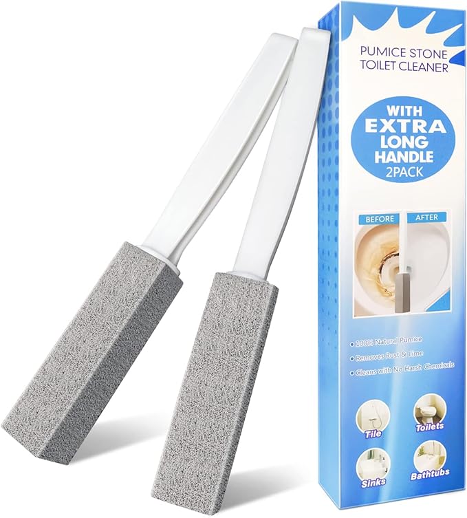 4TH Pumice Stone Toilet Bowl Cleaning Stick with Extra Large Handle,Cleans Away Limescale Stain,Hard Water Rings, Calcium,Iron and Rust. Remover for Tile/Bath/Kitchen - 2 Pack