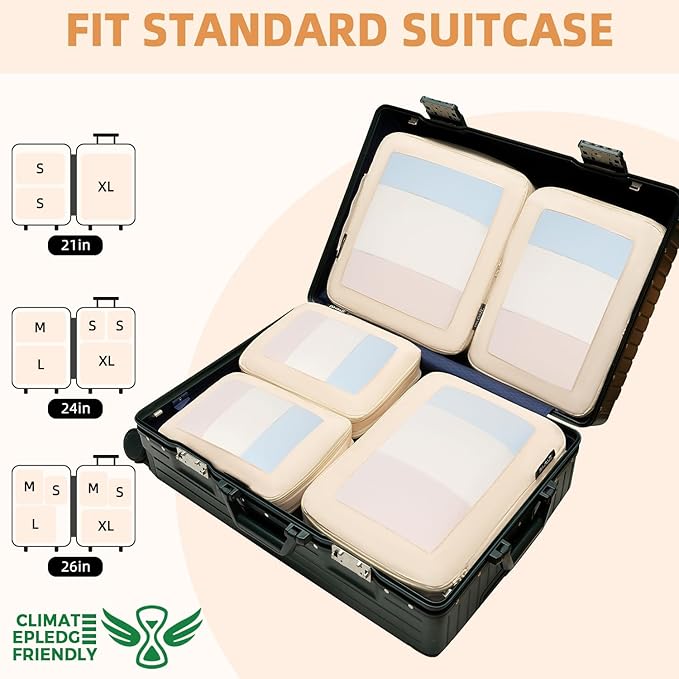 BAGAIL 4 Set/6 Set/8 Set Compression Packing Cubes Travel Accessories Expandable Packing Organizers (Square Mesh, 06-Beige)