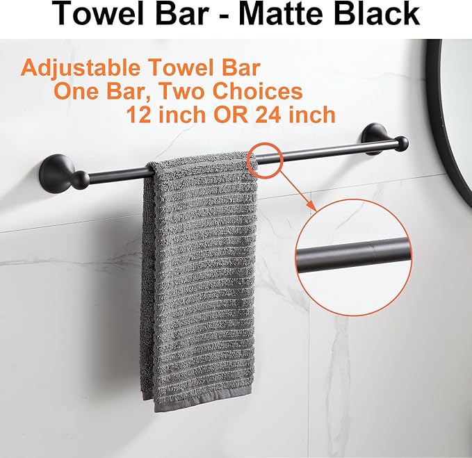 BGL Bathroom Accessory Set, Matte Black Adjustable Expandable Towel Bar 4-Piece Bathroom Hardware Set Wall Mounted Robe Hook Toilet Paper Holder Towel Ring Towel Bar