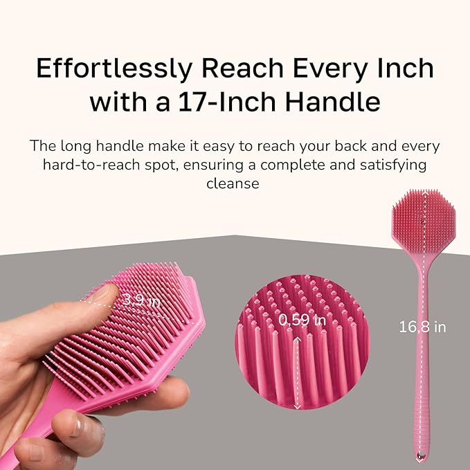 Silicone Back Scrubber with Long Handle - Octagon Body Brush for Shower, Bath, and Exfoliating - Skin Cleansing, Back Scrub and Gentle Silicone Sponge - Wash Your Body with Easy Reach - Rose