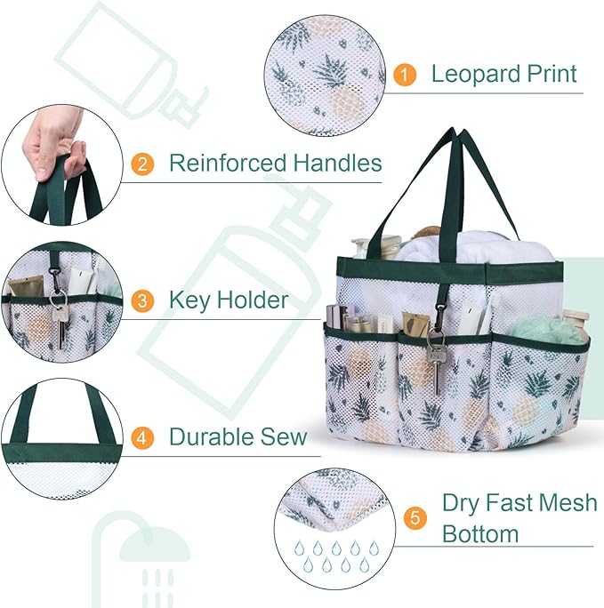 F-color Portable Shower Caddy - Mesh Shower Bag Basket Tote for College Dorm Room Essentials Bathroom Gym Camp Quick Dry for Women Men with S Hook, Green Pineapple
