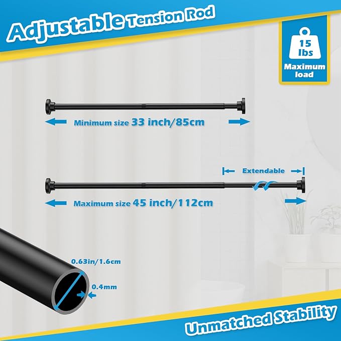 2pcs Spring Tension Rods 33 to 45 inch Adjustable Small Tension Curtain Rod No Drilling Expandable Tension Rod Black Spring Loaded Curtain Rods for Windows, Doorway, Closet