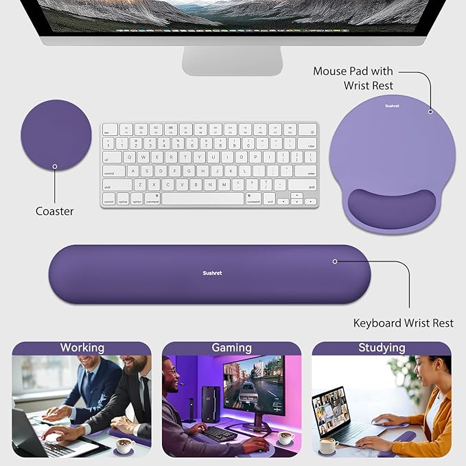 Mouse Pad and Keyboard Wrist Rest, 3-in-1 Gel Memory Foam Ergonomic Mouse Pad with Wrist Rest Set, Gaming Mousepad Arm Cushion Support for Computer Office Desk Accessories Cute Setup, Purple
