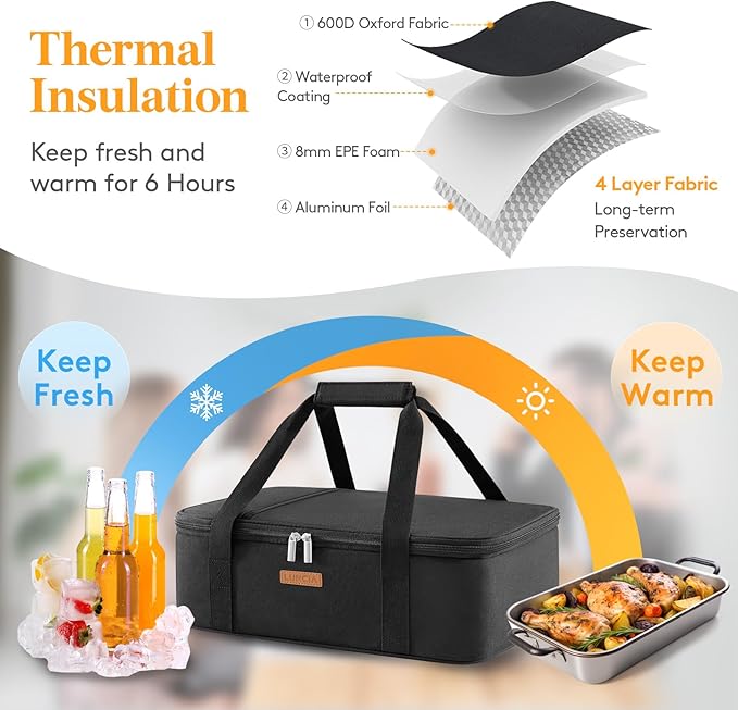 Lifewit LUNCIA Insulated Casserole Carrier for Hot or Cold Food, Lasagna Lugger Tote for Potluck Parties/Picnic/Cookouts, Fits 9"×13" Baking Dish, Black