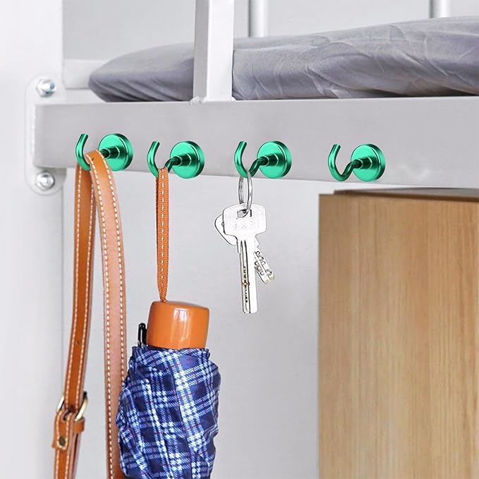 MIKEDE Magnetic Hooks, 50Lbs+ Heavy Duty Magnet Hooks for Cruise Cabins, Super Neodymium Hanging Hooks Strong Magnets with Hook for Fridge, Magnetic Hanger for Grill, Toolbox, Storage(Green, 4 Pack)