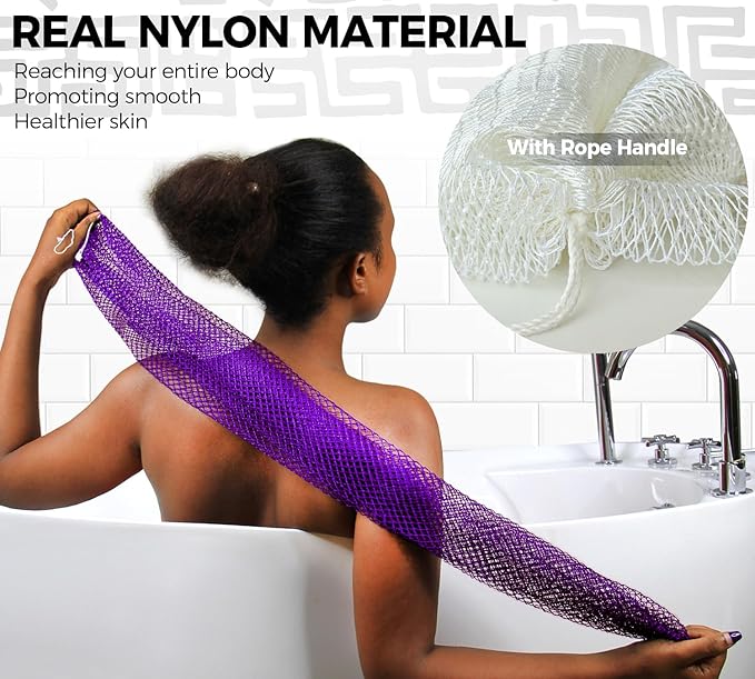 African Net Sponge Authentic - 2 Pieces Exfoliating Body Scrubber Bath Sponge - Back Scrubber Washcloth for Shower White&Purple - Real African Scrub Exfoliator Body Care Bathing Accessorie