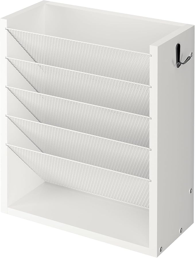 Creso hom Mail Organizer Wall Mounted, 6-Tier Wall File Organizer with 2 Hooks, Wooden Desk Organizer Magazine Holder with Bottom Flat Tray, for Office Home, White