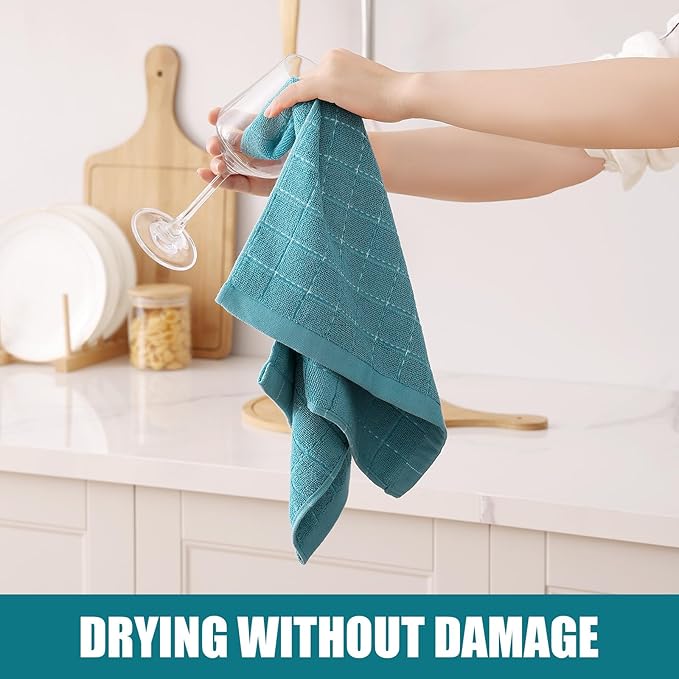 Homaxy 100% Cotton Terry Kitchen Towels(Lake Blue, 13 x 28 inches), Checkered Designed, Soft and Super Absorbent Dish Towels, 8 Pack