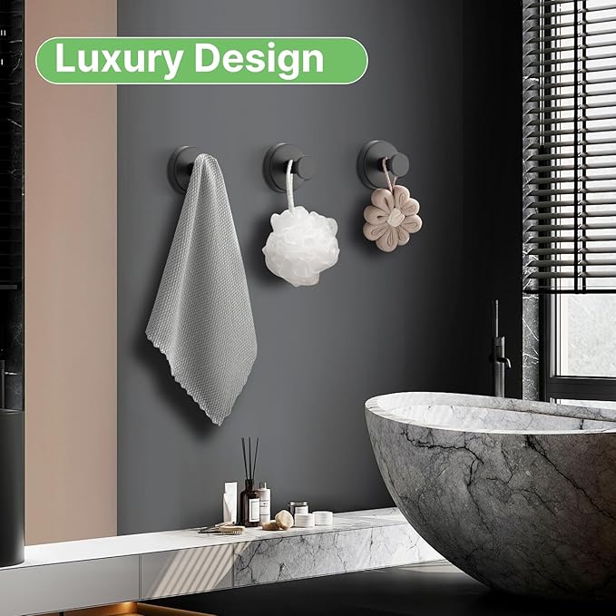 Black Waterproof Suction Cup Hooks, 4-Pack Heavy Duty Stainless Steel No Drill Shower Hooks for Hanging Towels, Robes, Loofahs, Holder Holds Strong on Tile, Glass, Mirror, Wall, Bathroom Door