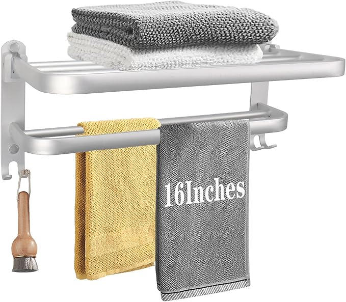 Towel Rack for Bathroom, Bath Towel Holder with Double Towel Bar and Fold-able Towel Shelf, Rustproof Towel Organizer Wall Mounted Towel Storage Hanger for Bath/Balcony/Lavatory(16In Sliver)