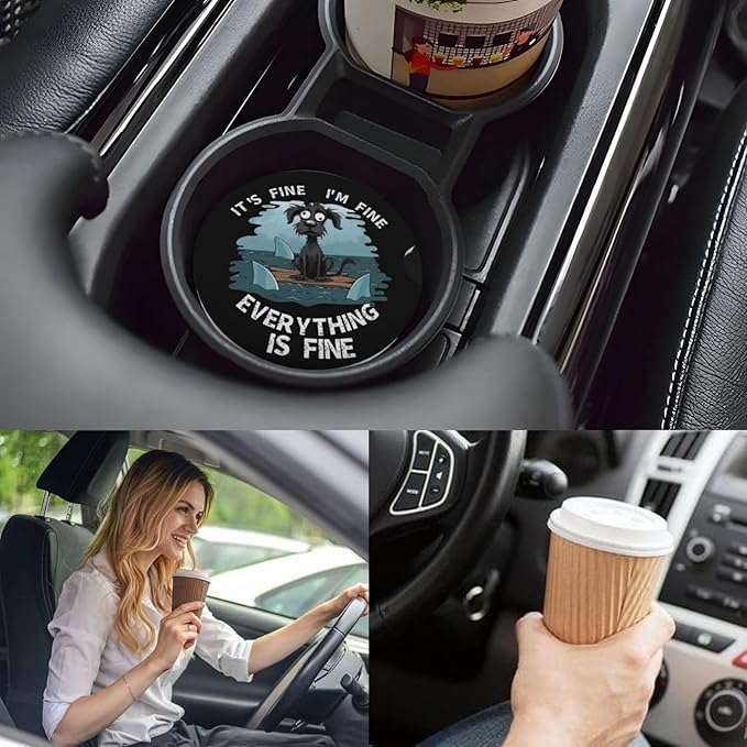 Car Cup Holder Coasters, 2 Pcs Ceramic Coasters with Cork Back and Finger Slot, Anti-Slip Shock Absorbing Women and Men Universal Car Accessories - Fine Dog