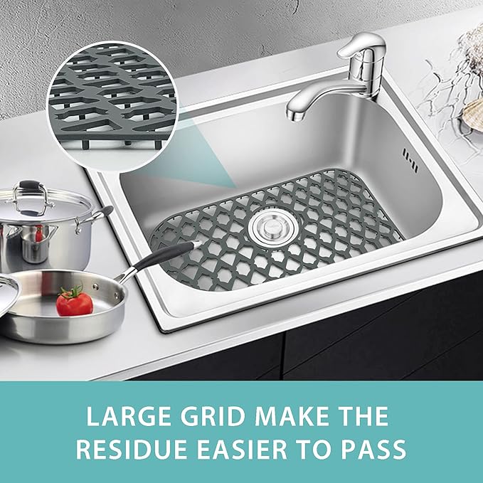 Sink Protectors for Kitchen Sink, Kitchen Sink Accessory - Silicone Mats Grid for Stainless Steel Strainer Bottom of Farmhouse Porcelain sinks (19”x14”, Rear Drain)
