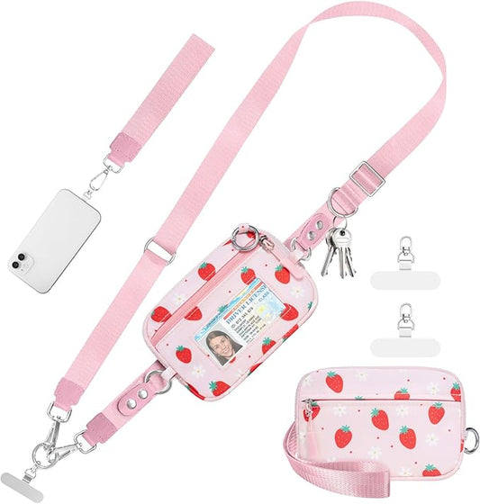 Clip and Go Strap for Phone with Wallet Crossbody Phone Lanyard and Detachable Checkered Bag with ID Window and RFID Pouch for Daily Travel. Strawberry