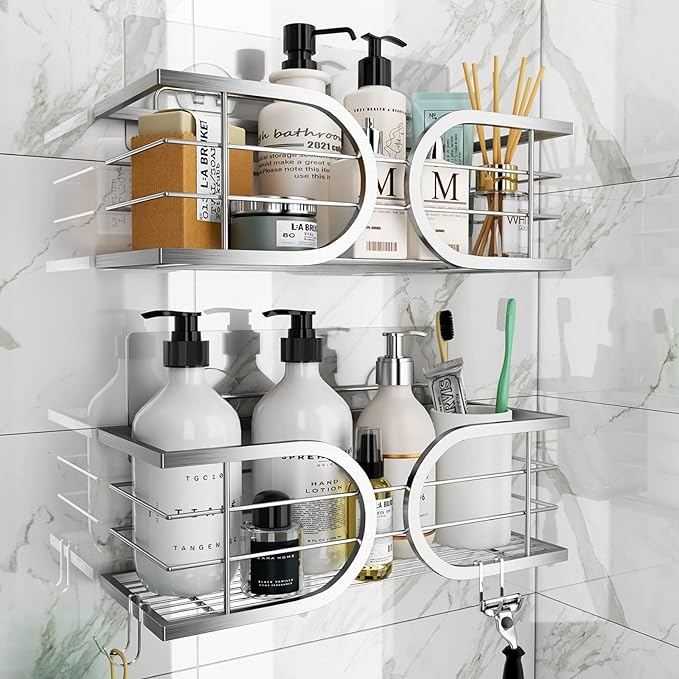 Shower Caddy No Drill Wall Mounted 304 Stainless Steel Durable Large Capacity Adhesive Shower Rack Organiser Quick Dry Rustproof Bathroom Storage Shelves - 2 Pack (Silver)