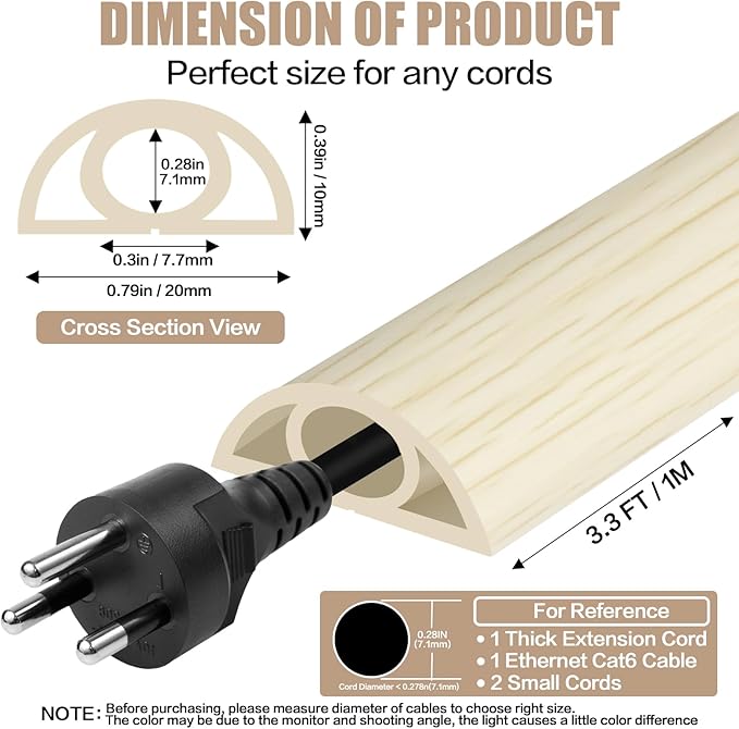 Floor Cord Cover Self Adhesive Cord Hider, 3.3FT Cable Management, Extension Strip Protector for Wires, Prevent Cable Trips for Offices, Gyms, Exhibitions Cavity: 0.3"(W) x 0.28"(H) Yellow Wood
