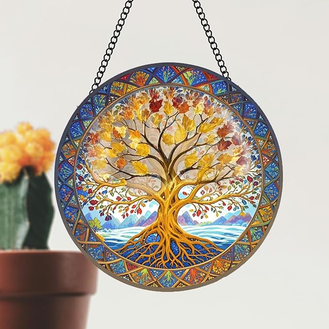 Tree of Life Suncatcher 8 Inch Stained Glass Window Hanging Diamond Chain Hooks – Indoor/Outdoor Window Wall Art Home Décor -Gift for Women Men Valentine's Day Thanksgiving Ornaments Festival Gifts