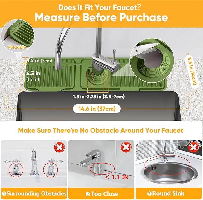 14.6 inch Faucet Mat for Kitchen Sink Splash Guard[7° Slope Fast Self-draining][Snap Lock Fit]Kitchen Sink Faucet Mat Splash Guard Kitchen Sink Area Water Splash Guard Behind Faucet Draining Mat