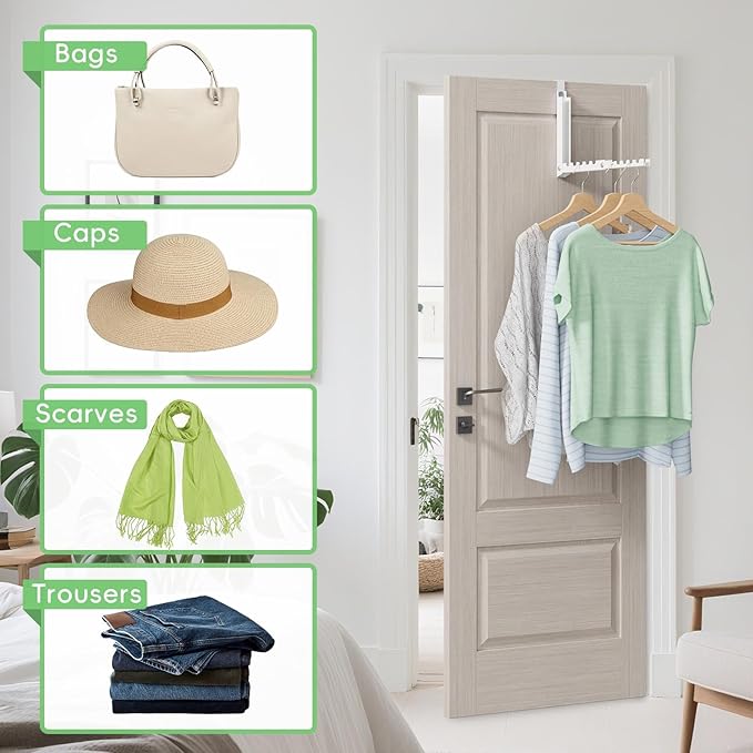 Over The Door Hooks, Over The Door Clothes Hanger with 10 Ridges, Space-Saving Over The Door Drying Rack, Door Hooks for Hanging Clothes, Larger Capacity Over The Door Hanger (1, White)