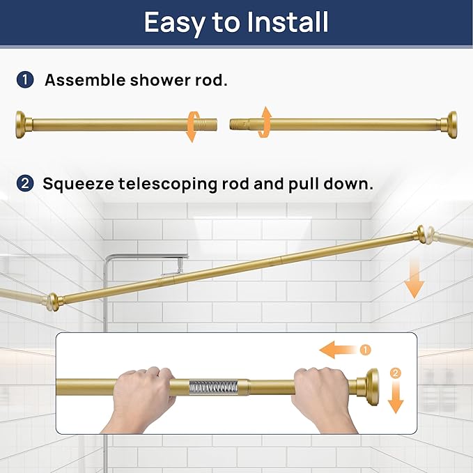 ENJOYBASICS Shower Curtain Rod 30 to 64 Inches, 1 Inch Stainless Steel Adjustable Spring Tension Rods No Drill for Bathroom, Closet, Window, Room Divider, Never Rust, Non Slip, Gold