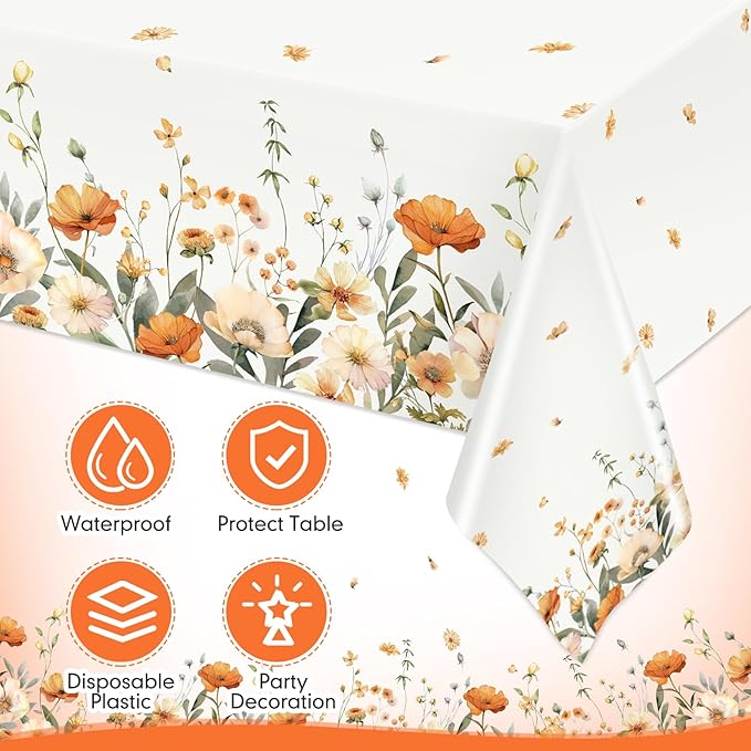 Ganeen 3 Pcs Fall Floral Tablecloth Disposable Plastic Table Covers Watercolor Wildflower Table Cover Waterproof Tablecloths for Autumn Birthday Wedding Party Decor, 54 x 108 Inch