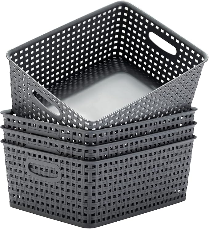 Eslite Plastic Storage Baskets for Organizing, 11"x8.5"x4.7", Pack of 4 (Grey)