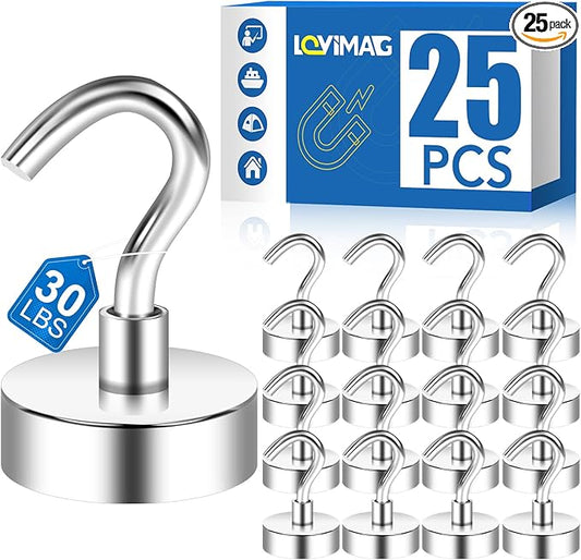 LOVIMAG Strong Magnetic Hooks, 30lbs Magnetic Hooks for Cruise Cabins, Magnet Hooks for Cruise Ship Essentials, Rare Earth Magnets with Hooks for Refrigerator,Hanging,Classroom,Kitchen,Ceiling-25 Pack