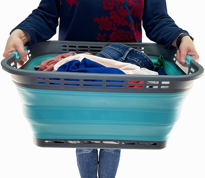 SAMMART 42L (11 Gallons) Collapsible Plastic Laundry Basket - Foldable Pop-Up Storage Container/Organizer - Portable Washing Tub - Space-Saving Hamper/Basket [BPA Free] (Grey/Crystal Blue (Set of 2))