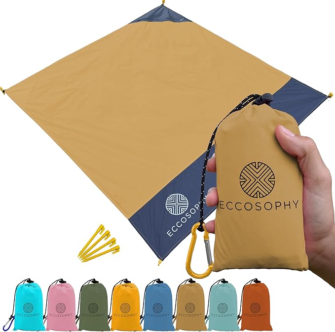 ECCOSOPHY Sand Proof Beach Blanket - Waterproof Picnic Blanket 60x55 Outdoor Compact Pocket Blanket Lightweight Ground Cover for Hiking Camping Festivals Sports Travel with Bag & Stakes (Caramel)