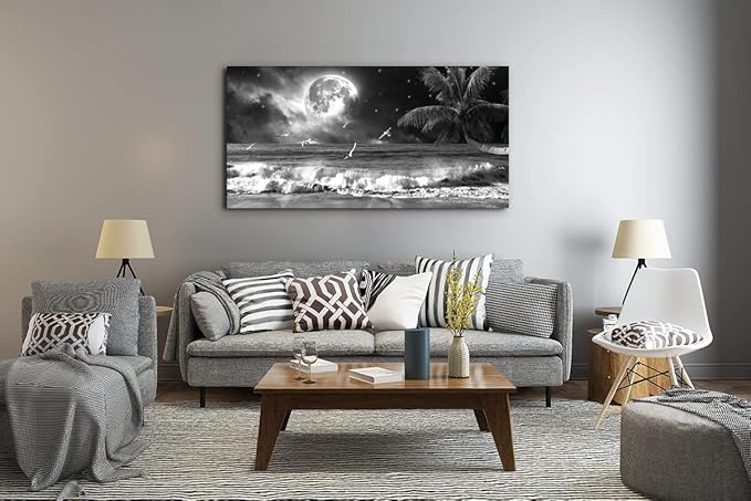 Yxbhhym large Black and White Wall Art Beach Canvas Print Art Moon Ocean Pictures Sea Paintings Seascape Poster Landscape Palm Artwork for Wall Art Living Room Home Decoration Framed-24x48inches