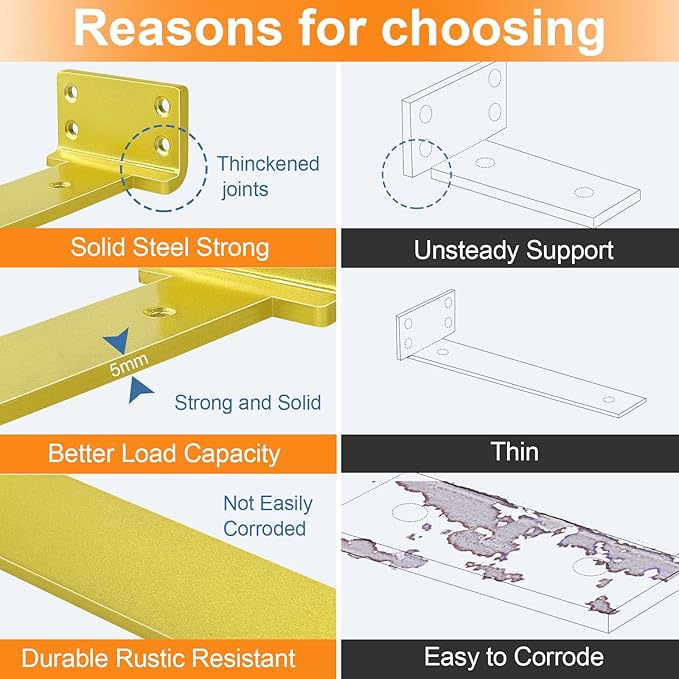 Floating Shelf Brackets 6 inch 4 Pack L Brackets for Shelves Gold Metal Heavy Duty Shelf Bracket for DIY Decorative with Mounting Hardware