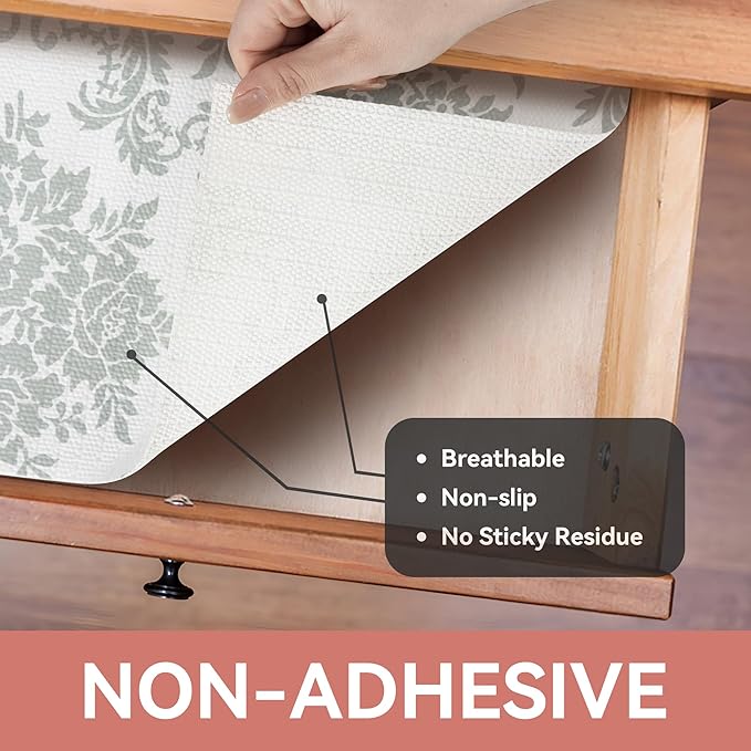 RAY STAR Shelf Liner, Non Adhesive Sage Green Damask Floral Kitchen Cabinet Liner for Pantry Drawer Pantry, Non Slip Waterproof, Shelf Liners for Kitchen Cabinets Cupboard 12 Inch x 10 FT (2 Rolls)
